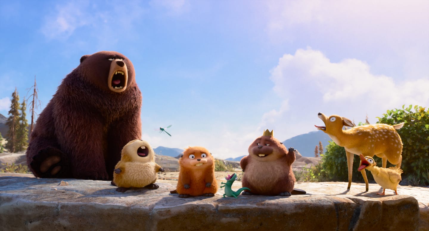 (L-R): Ellen Bear (voice of Melissa Villaseñor), Dragonfly, Loaf (voice of Eduardo Franco), Mabel Beaver (voice of Piper Curda), Tom Lizard (voice of Tom Law), King George (voice of Bobby Moynihan), Lucy Deer, and Barbara Duck in Disney and Pixar’s “Hoppers,” releasing in U.S. theaters March 6, 2026.