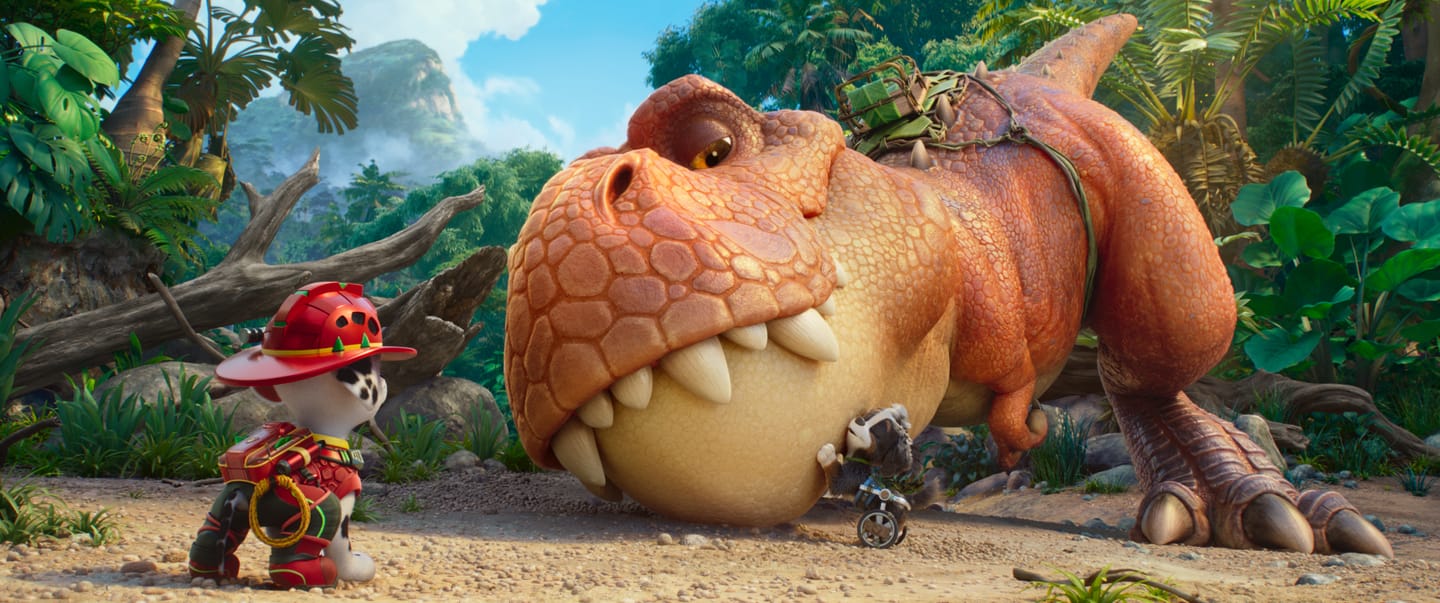 Carter Young as “Marshall” and Hayden Chamberlen as “Rex" in PAW Patrol: The Dino Movie from Paramount PIctures and Spinmaster. 