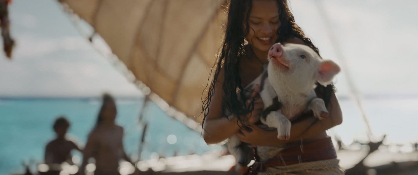 (L-R) Catherine Laga'aia as Moana and Pua in Disney's live-action MOANA. Photo courtesy of Disney. © 2026 Disney Enterprises, Inc. All Rights Reserved.