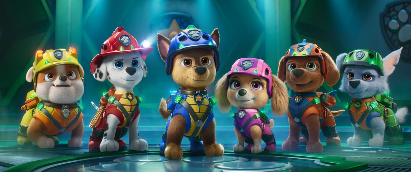 Lucien Duncan-Reid as “Rubble”, Carter Young as “Marshall”, Rain Janjua as “Chase”, Mckenna Grace as “Skye”, Nylan Parthipan as “Zuma", and William Desrosiers as “Rocky” in PAW Patrol: The Dino Movie from Paramount PIctures and Spinmaster. 
